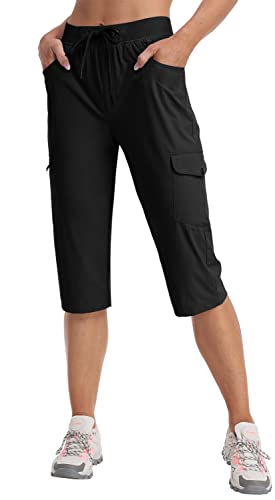 MoFiz Cargohose Damen Capri Wanderhose Sommer Leicht Outdoorhose Wasserdicht Schnelltrocknende Jogginghose Trekkinghose Freizeithose mit Mehrfach-Taschen Schwarz S von MoFiz