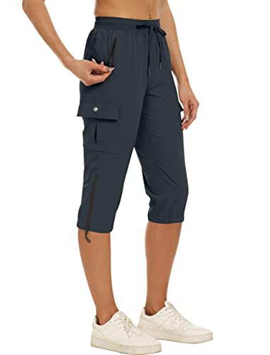 MoFiz Cargohose Damen Wanderhose Capri Trekkinghose Workout Casual Outdoorhose mit Kordelzug Grau M von MoFiz