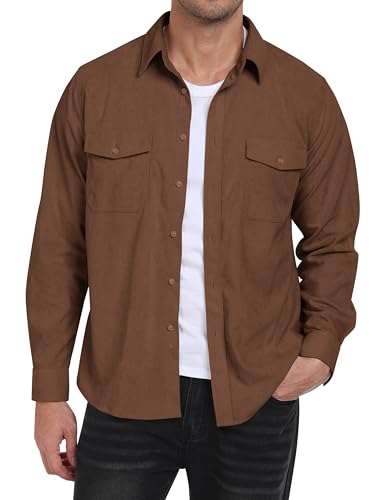 MoFiz Cordhemd Herren Langarm Freizeithemd Knop Hemdjacke Casual Arbeitshemd Button Up Winterhemd mit Klappentaschen Braun EU XXL von MoFiz