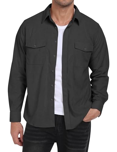 MoFiz Cordhemd Herren Langarm Freizeithemd Knop Hemdjacke Casual Arbeitshemd Button Up Winterhemd mit Klappentaschen Dunkelgrau EU XL von MoFiz