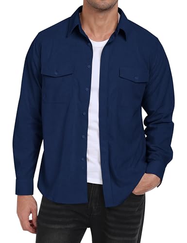 MoFiz Cordhemd Herren Langarm Freizeithemd Knop Hemdjacke Casual Arbeitshemd Button Up Winterhemd mit Klappentaschen Marineblau EU XXL von MoFiz