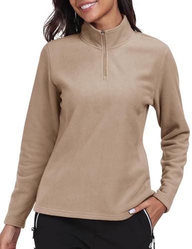 MoFiz Damen 1/4 Reißverschluss Sportshirt Langarm Fleece Winter Warm Trainingsshirt mit Stehkragen for Golf Tennis Fitness Khaki XXL von MoFiz