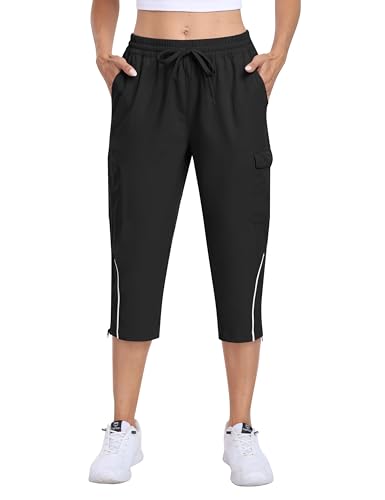 MoFiz Damen 3/4 Capri Trekkinghose Outdoorhosen Schnelltrocknend Wanderhose Leichte Atmungsaktiv Kurze Freizeithose mit Tasche Schwarz-1 L von MoFiz