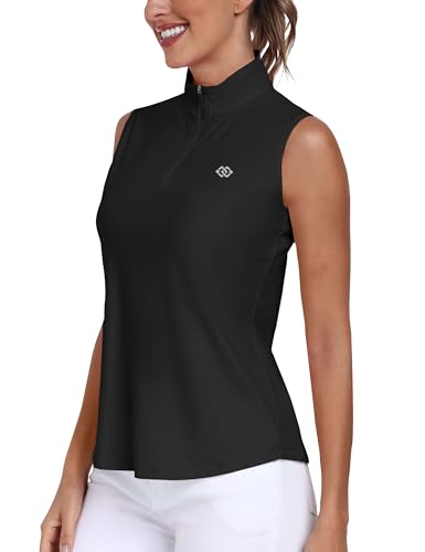 MoFiz Damen Ärmellos Poloshirt Golf Shirt UPF50+ Sonnenschutz Sommershirts Golf Sport Tank Top mit Kragen Schwarz-A XXL von MoFiz
