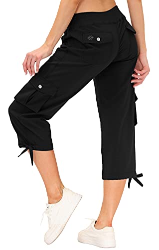 MoFiz Damen Cargo Caprihose Wanderhose Leicht, schnell trocknend, Outdoor Athletic Reise Casual Loose Comfy Cute Taschen, 2-schwarz, M von MoFiz