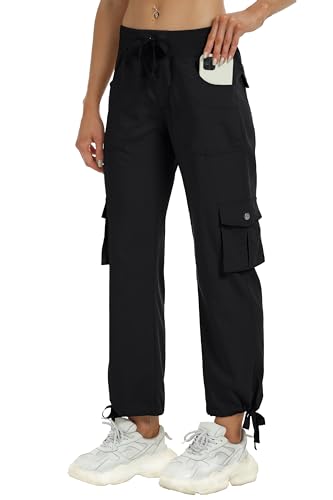 MoFiz Damen Cargo Caprihose Wanderhose Leicht, schnell trocknend, Outdoor Athletic Reise Casual Loose Comfy Cute Taschen, B02-schwarz, X-Groß von MoFiz