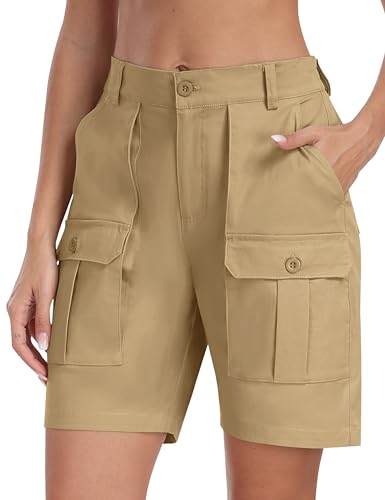 MoFiz Damen Cargo Shorts Baumwolle Bermuda Shorts Stretch Wandernshorts Sommer Outdoor ShortsKhaki L von MoFiz