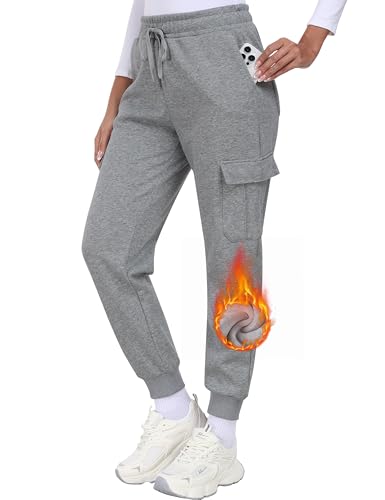 MoFiz Damen Fleece Gefütterte Jogginghose Baumwolle Cargohose Warme Thermo Winter Hose Sweathose Outdoorhose Wanderhose Grau Größe US XL von MoFiz