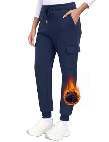 MoFiz Damen Fleece Gefütterte Jogginghose Baumwolle Cargohose Warme Thermo Winter Hose Sweathose Outdoorhose Wanderhose Marineblau Größe US L von MoFiz