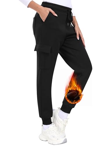 MoFiz Damen Fleece Gefütterte Jogginghose Baumwolle Cargohose Warme Thermo Winter Hose Sweathose Outdoorhose Wanderhose Schwarz Größe US M von MoFiz