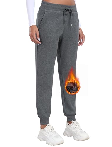 MoFiz Damen Fleece Gefütterte Jogginghose Sporthose Winter Hose Warme Kordelzug Trainingshose Freizeithose Sweathose mit Taschen Dunkelgrau Größe US S von MoFiz