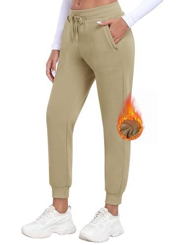 MoFiz Damen Fleece Gefütterte Jogginghose Sporthose Winter Hose Warme Kordelzug Trainingshose Freizeithose Sweathose mit Taschen Khaki Größe US 2XL von MoFiz