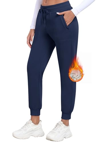 MoFiz Damen Fleece Gefütterte Jogginghose Sporthose Winter Hose Warme Kordelzug Trainingshose Freizeithose Sweathose mit Taschen Marineblau Größe US S von MoFiz