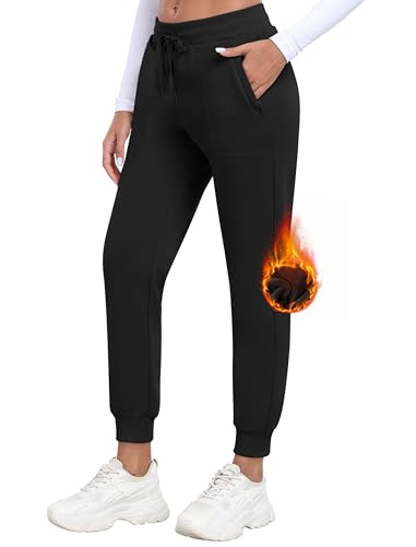 MoFiz Damen Fleece Gefütterte Jogginghose Sporthose Winter Hose Warme Kordelzug Trainingshose Freizeithose Sweathose mit Taschen Schwarz Größe US M von MoFiz