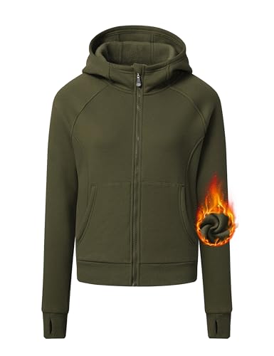 MoFiz Damen Fleecejacke Outdoorjacke Fitness Yoga Laufjacke Langarm Full Zip Hoodie für Running Wandern Armeegrün L von MoFiz