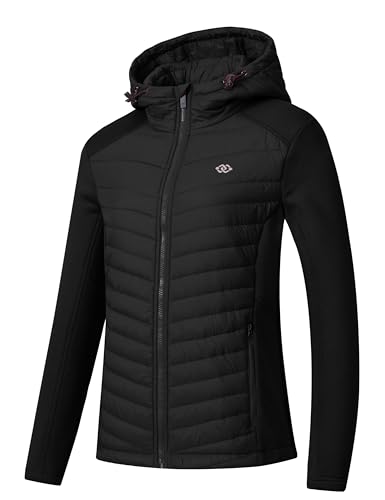 MoFiz Damen Fleecejacke Sweatjacke Hybridjacke Wanderjacke Atmungsaktiv Full Zip Jacke mit Reißverschlusstasche Schwarz 2XL von MoFiz