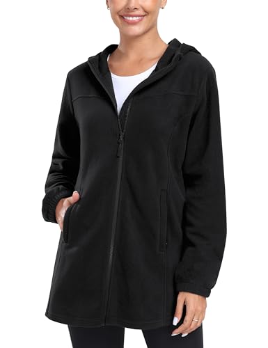 MoFiz Fleecejacke Damen lang mit Reißverschluss Stehkragen Damenjacke ohne kapuze outdoor zum Laufen Leichte Fleece Sweatjacke für Wandern und Freizeit Schwarz EU L von MoFiz