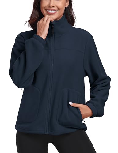 MoFiz Fleecejacke Damen mit Reißverschluss Stehkragen Damenjacke ohne kapuze outdoor zum Laufen Leichte Fleece Sweatjacke für Wandern und Freizeit Navy Blau EU 2XL von MoFiz