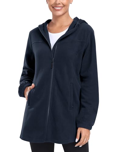 MoFiz Fleecejacke Damen lang mit Reißverschluss Stehkragen Damenjacke ohne kapuze outdoor zum Laufen Leichte Fleece Sweatjacke für Wandern und Freizeit Navy Blau EU S von MoFiz