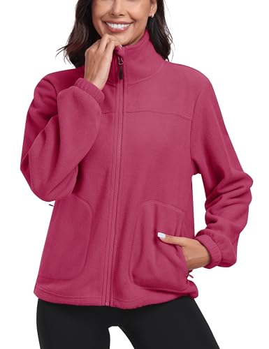 MoFiz Fleecejacke Damen mit Reißverschluss Stehkragen Damenjacke ohne kapuze outdoor zum Laufen Leichte Fleece Sweatjacke für Wandern und Freizeit Rosenrot EU L von MoFiz