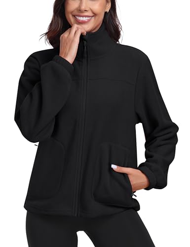 MoFiz Fleecejacke Damen mit Reißverschluss Stehkragen Damenjacke ohne kapuze outdoor zum Laufen Leichte Fleece Sweatjacke für Wandern und Freizeit Schwarz EU M von MoFiz