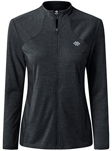 MoFiz Damen Full Zip Wandershirt Leichte UPF 50+ Sonnenschutz Laufjacke Langarm Sport Outdoor Top Taschen, schwarz grau, Klein von MoFiz