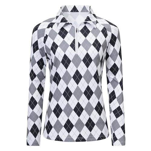 MoFiz Damen Golf Poloshirt Langarm Atmungsaktiv Sport Laufshirt mit 1/4 Reißverschluss Outdoor Funktionsshirt Sportbekleidung F-Grauschwarz M von MoFiz
