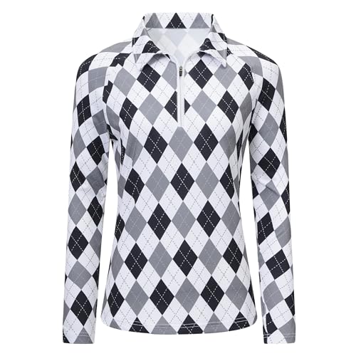 MoFiz Damen Golf Poloshirt Langarm Atmungsaktiv Sport Laufshirt mit 1/4 Reißverschluss Outdoor Funktionsshirt Sportbekleidung F-Grauschwarz XL von MoFiz