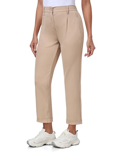 MoFiz Damen-Golfhose, Stretch-Arbeitshose, Knöchelhose, elastische Taille, Business-Kleid-Hose mit Reißverschlusstaschen, für Freizeit, Reisen, Khaki, M von MoFiz