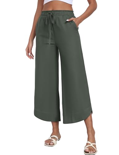 MoFiz Damen Hosen Lang Leinenhose Sommer Hose Baumwolle Leinen Freizeithose mit Elastisch Taille Leichte Bequeme Weite Leg Hose von MoFiz