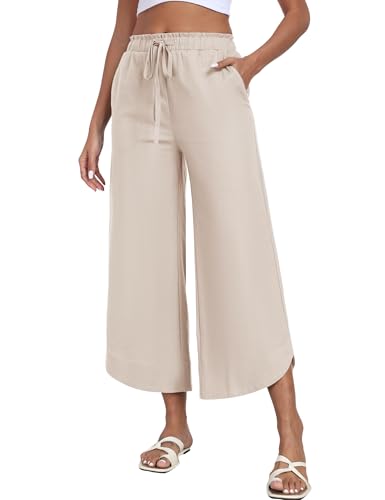 MoFiz Damen Hosen Lang Leinenhose Sommer Hose Baumwolle Leinen Freizeithose mit Elastisch Taille Leichte Bequeme Weite Leg Hose von MoFiz