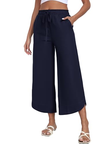 MoFiz Damen Hosen Lang Leinenhose Sommer Hose Baumwolle Leinen Freizeithose mit Elastisch Taille Leichte Bequeme Weite Leg Hose von MoFiz