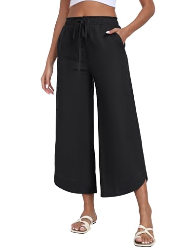 MoFiz Damen Hosen Lang Leinenhose Sommer Hose Baumwolle Leinen Freizeithose mit Elastisch Taille Leichte Bequeme Weite Leg Hose von MoFiz
