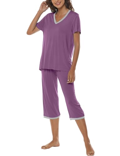 MoFiz Damen Kurz Schlafanzug Pyjama Set Kurzarm Nachtwäsche lässig Shirt & Caprihose Sleepwear mit V-Ausschnitt Sommer Lila 01 Größe L von MoFiz