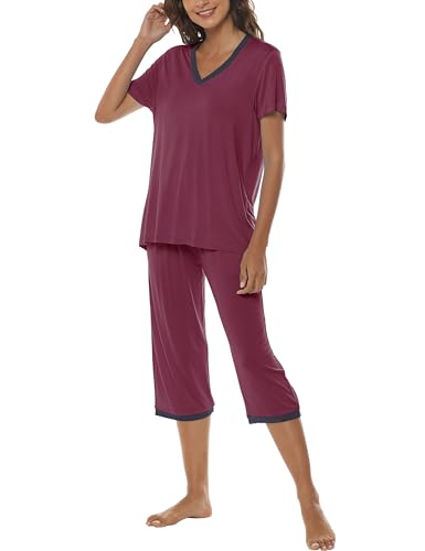 MoFiz Damen Kurzarm Pyjama Nachtwäsche Sleepwear Set Schlafanzug Zweiteiliger Hausanzug Set Kurzarm Oberteile und Capri Hose für Sommer mit V-Ausschnitt Rot 01 Größe L von MoFiz