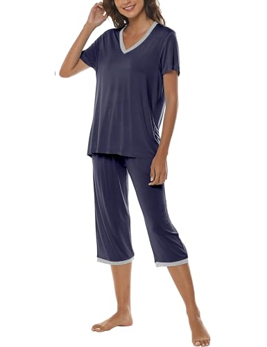 MoFiz Damen Kurzarm Schlafanzug Pyjama Set Für Frauen Nachtwäsche Sleepwear Kurzarm V Ausschnitt Sleepshirt mit Capri Hose Marineblau Größe M von MoFiz