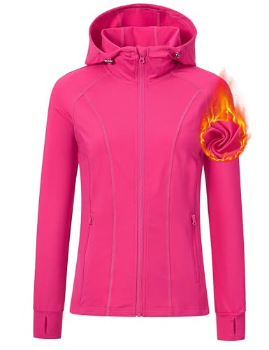 MoFiz Damen Laufjacke Langarm Leicht Sportjacke Gym Yoga Shirt Workout Running Jacke Atmungsaktive Trainingsjacke mit Daumenlöchern Rosenrot L von MoFiz