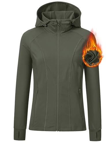 MoFiz Damen Laufjacke Langarm Trainingjack Leicht Fleece Sportjacke mit Daumenloch für Gym Yoga Jacke Schwarz Armeegrün L von MoFiz