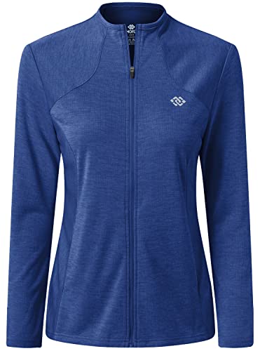 MoFiz Damen Laufjacke Leicht Sportjacke Trainingsjacke Langarm Frühling Sommer Fitness Wandern Yoga Jacke Atmungsaktive voll Reißverschluss mit Taschen ohne Kragen Blau XXL von MoFiz