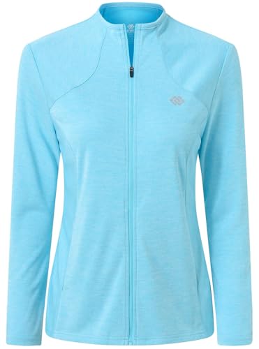 MoFiz Damen Laufjacke Leicht Sportjacke Trainingsjacke Langarm Frühling Sommer Fitness Wandern Yoga Jacke Atmungsaktive voll Reißverschluss mit Taschen ohne Kragen Himmelblau XXL von MoFiz