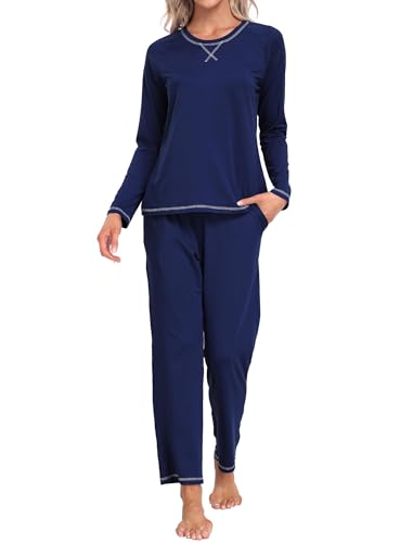 MoFiz Damen Loungewear Sleepwear Set Pyjamahose mit Taschen Atmungsaktiv und Hautfreundlich füR Herbst, Winter und FrüHling Marine Blau L von MoFiz