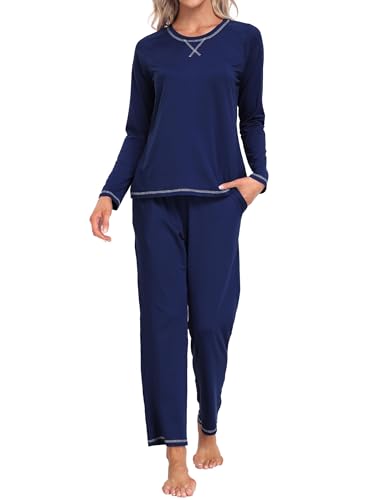 MoFiz Damen Loungewear Sleepwear Set Pyjamahose mit Taschen Atmungsaktiv und Hautfreundlich füR Herbst, Winter und FrüHling Marine Blau XL von MoFiz