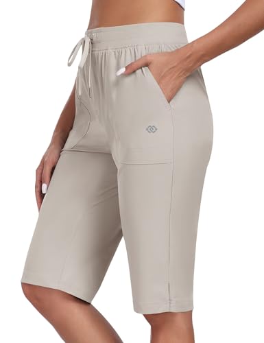 MoFiz Damen Shorts Bermuda Sporthose mit Taschen Yogahose Fitness Knielange Leichte Trekking Shorts Sommer Khaki EU L von MoFiz