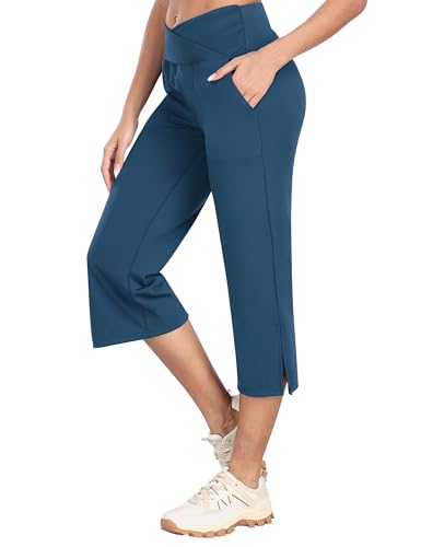MoFiz Damen Caprihose Stretch Atmungsaktiv Yoga Sporthose Golfhosen Cross-Waist Flare Yogahosen Blau EU XXL von MoFiz