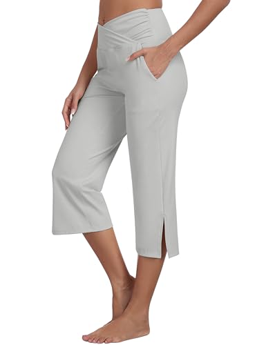 MoFiz Damen Caprihose Stretch Atmungsaktiv Yoga Sporthose Golfhosen Cross-Waist Flare Yogahosen Hellgrau EU XL von MoFiz