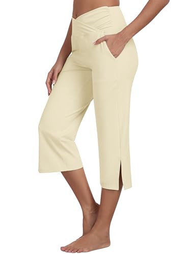 MoFiz Damen Caprihose Stretch Atmungsaktiv Yoga Sporthose Golfhosen Cross-Waist Flare Yogahosen Khaki EU XL von MoFiz