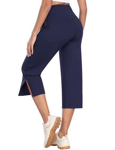 MoFiz Damen Caprihose Stretch Atmungsaktiv Yoga Sporthose Golfhosen Cross-Waist Flare Yogahosen Marineblau EU M von MoFiz
