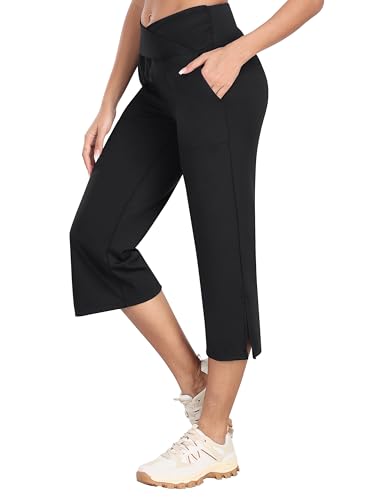 MoFiz Damen Caprihose Stretch Atmungsaktiv Yoga Sporthose Golfhosen Cross-Waist Flare Yogahosen Schwarz EU XXL von MoFiz
