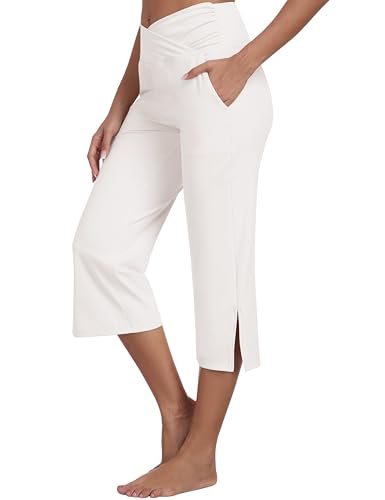 MoFiz Damen Caprihose Stretch Atmungsaktiv Yoga Sporthose Golfhosen Cross-Waist Flare Yogahosen Weiß EU S von MoFiz