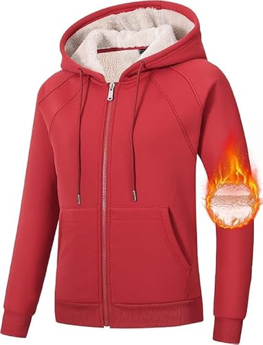 MoFiz Damen Outdoorjacke Fleecejacke Warm Winterjacke Lässig Sweatjacke mit Reißverschluss Tasche Rot XL von MoFiz